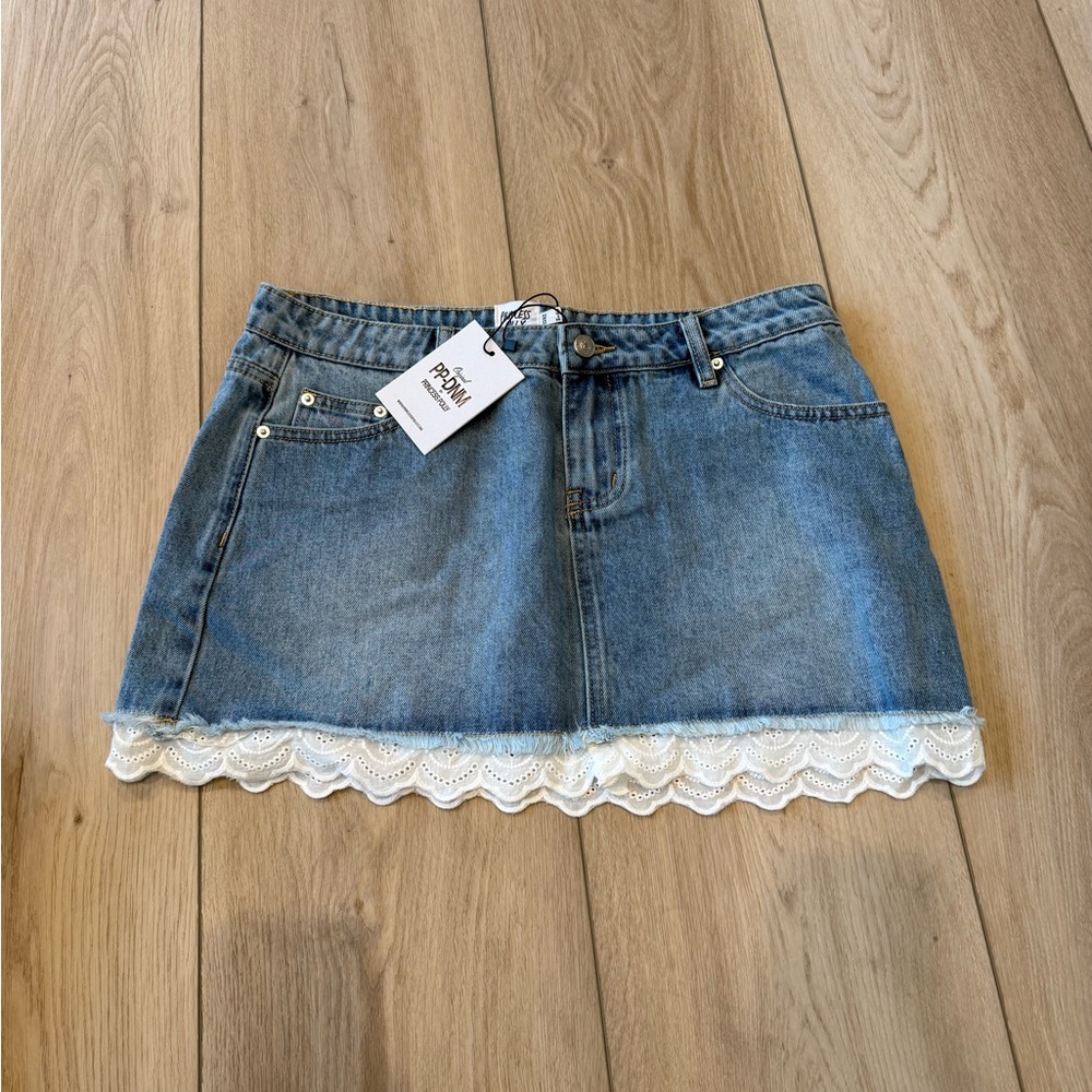 Princess Polly Blue Denim Mini Skirt with White Lace Hem